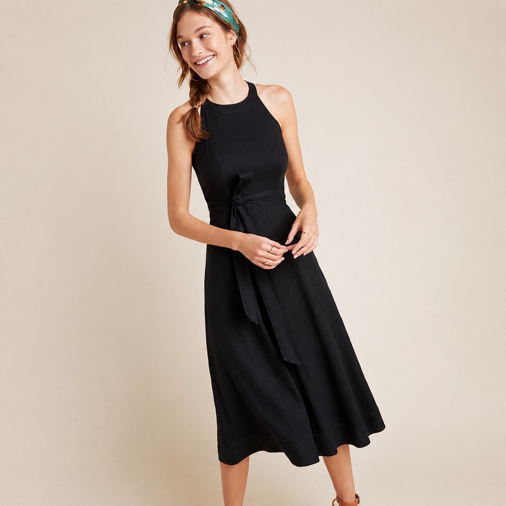 Anthropologie Linen Dress Womens 8 Halter Midi Wedding Guest Homecoming Black